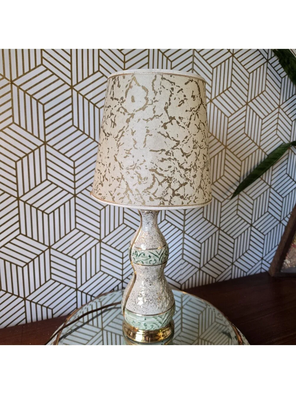 Vintage Midcentury White Green Gold Ceramic Accent Lamp Atomic Fiberglass Shade